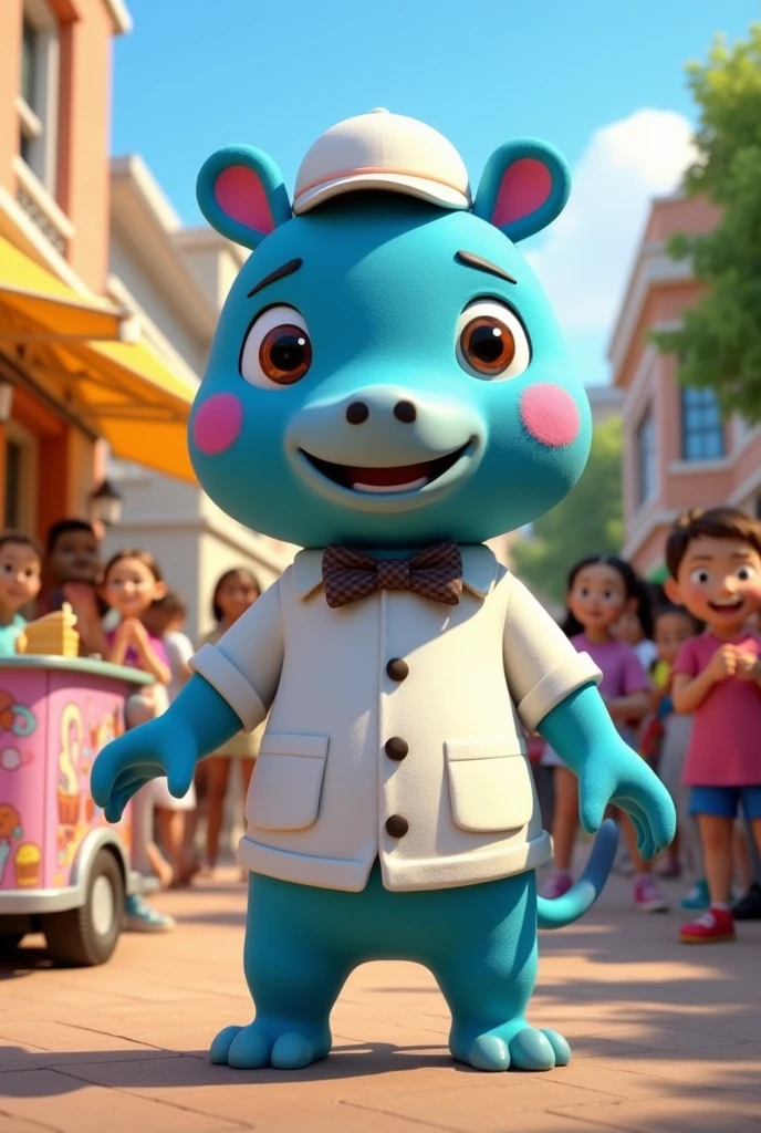 Pablo from the Bacyordigans in an ice cream man's suit With his Bacyordigans cap