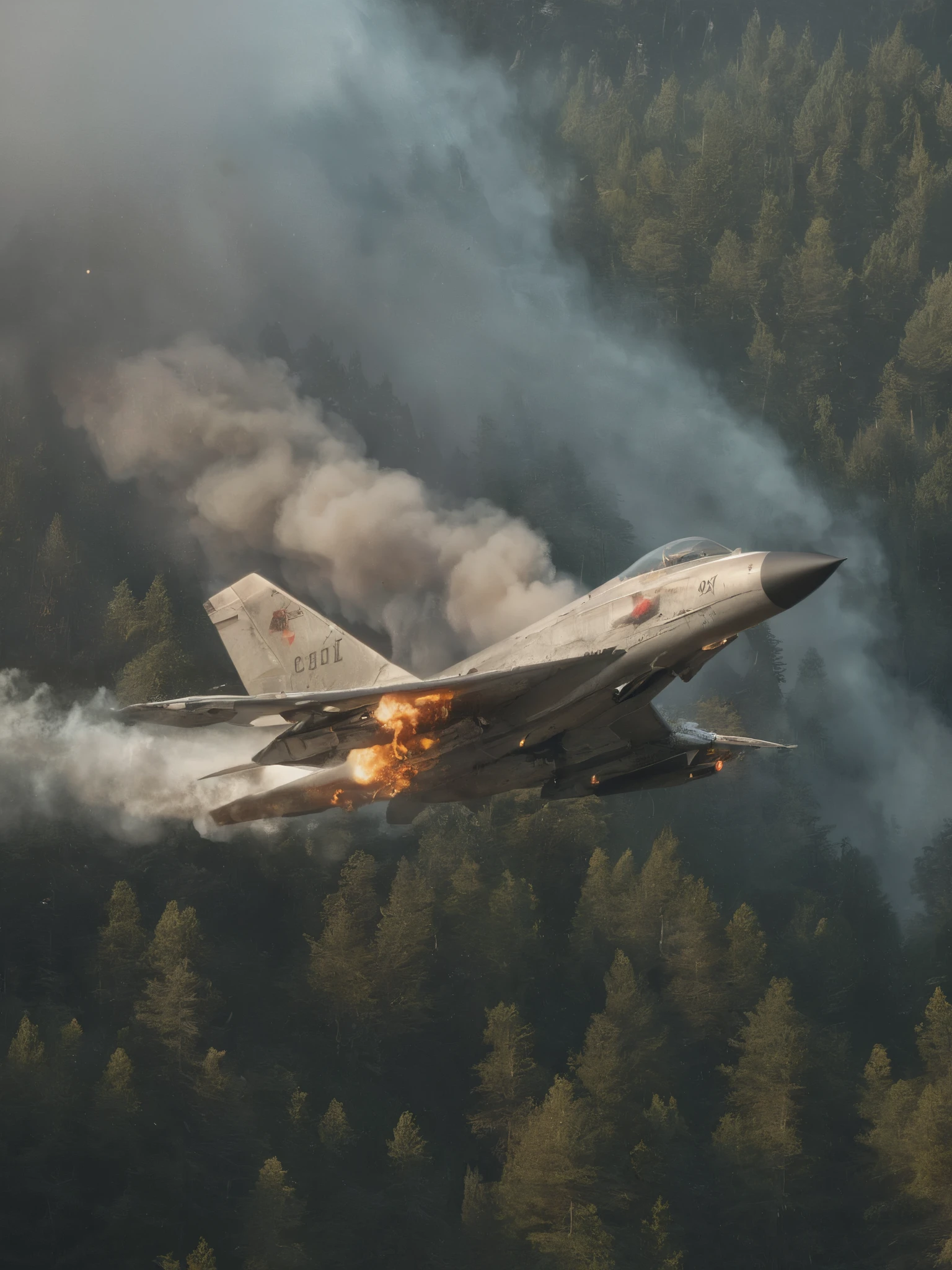 a mig-21 fighter jet, side view, flying high over lush pine forest, morning, burning tail, plane on fire, 1960s, hyperrealistic, photorealistic, 8k, ultra-detailed, cinematic lighting, dramatic, highly detailed aircraft, realistic smoke and flames, intricate details, vibrant colors, beautiful landscape, realistic textures, volumetric lighting