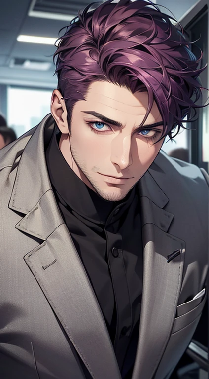 (best quality,4k,8k,highres,masterpiece:1.2),ultra-detailed,(realistic,photorealistic,photo-realistic:1.37),1 man,31 years old,mature man,very handsome,without expression,smile,short purple hair,blue eyes,penetrating gaze,perfect face without errors,imposing posture,businessman,office background,cinematic lighting,hdr image