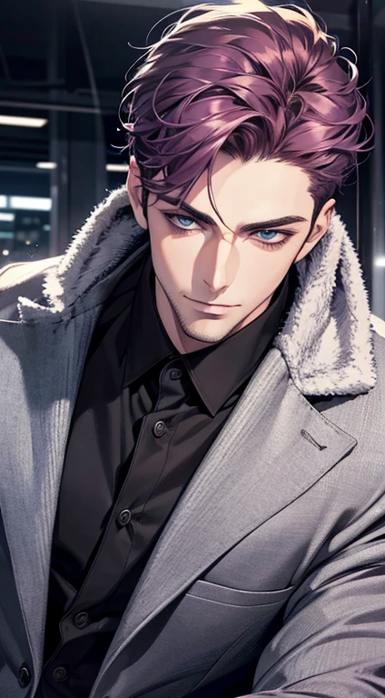 (best quality,4k,8k,highres,masterpiece:1.2),ultra-detailed,(realistic,photorealistic,photo-realistic:1.37),1 man,31 years old,mature man,very handsome,without expression,smile,short purple hair,blue eyes,penetrating gaze,perfect face without errors,imposing posture,businessman,office background,cinematic lighting,hdr image