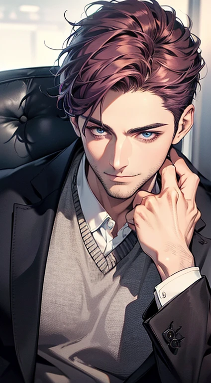 (best quality,4k,8k,highres,masterpiece:1.2),ultra-detailed,(realistic,photorealistic,photo-realistic:1.37),1 man,31 years old,mature man,very handsome,without expression,smile,short purple hair,blue eyes,penetrating gaze,perfect face without errors,imposing posture,businessman,office background,cinematic lighting,hdr image