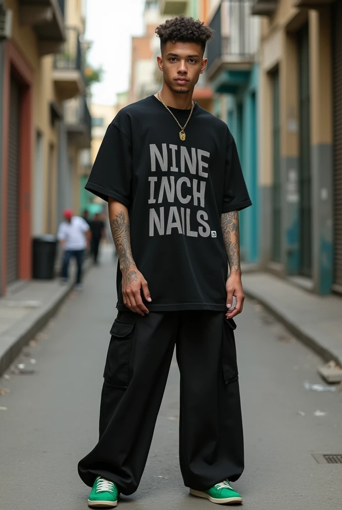 A very white man of 23 years old, Scrawny, with the face of , gay, with slight Asian and Brazilian descent, short dark brown curly hair with Undercut cut, a small hoop earring in the ear, eyes browns, sem beard, Very beauthful, with small tattoos spread across his arms, wearing a very large nine inch nails t-shirt, with wide black pants, on foot wearing a green adidas samba, stylish, posing for a spontaneous photo, in Batman&#39;s alley in Sao Paulo