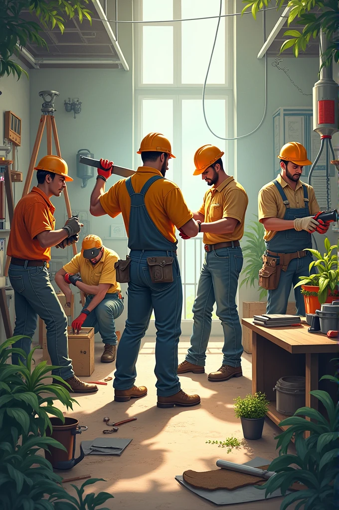 Create in a single image a carpenter, electrician, plumber, gardener and welder