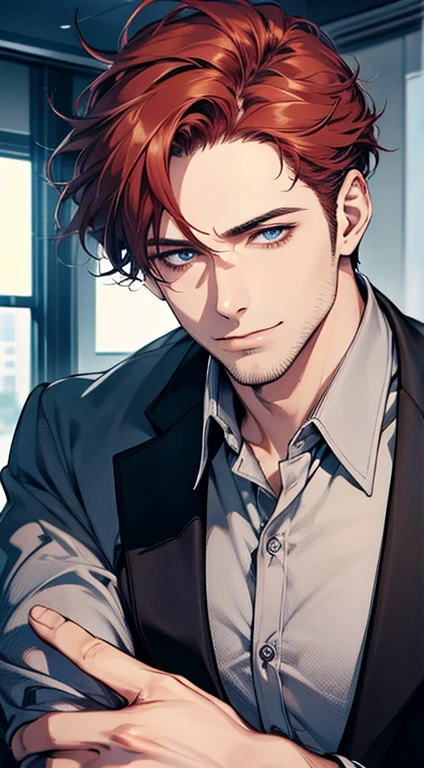 (best quality,4k,8k,highres,masterpiece:1.2),ultra-detailed,(realistic,photorealistic,photo-realistic:1.37),1 man,31 years old, man,very handsome,without expression,smile,short grey red hair,blue eyes,penetrating gaze,perfect face without errors,imposing posture,businessman,office background,cinematic lighting,hdr image