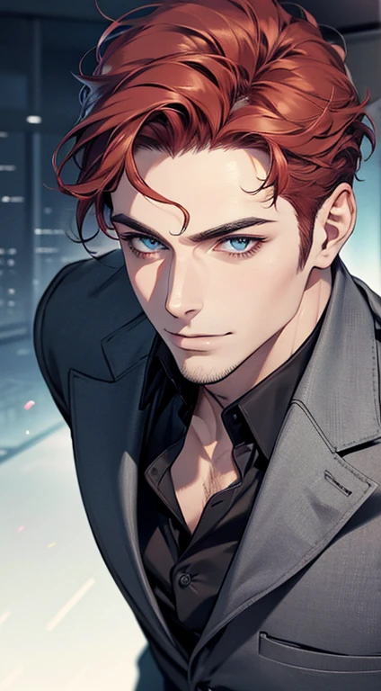 (best quality,4k,8k,highres,masterpiece:1.2),ultra-detailed,(realistic,photorealistic,photo-realistic:1.37),1 man,31 years old,mature man,very handsome,without expression,smile,short grey red hair,blue eyes,penetrating gaze,perfect face without errors,imposing posture,businessman,office background,cinematic lighting,hdr image