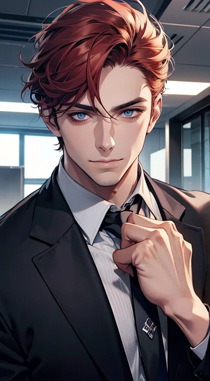 (best quality,4k,8k,highres,masterpiece:1.2),ultra-detailed,(realistic,photorealistic,photo-realistic:1.37),1 man,31 years old,mature man,very handsome,without expression,smile,short grey red hair,blue eyes,penetrating gaze,perfect face without errors,imposing posture,businessman,office background,cinematic lighting,hdr image