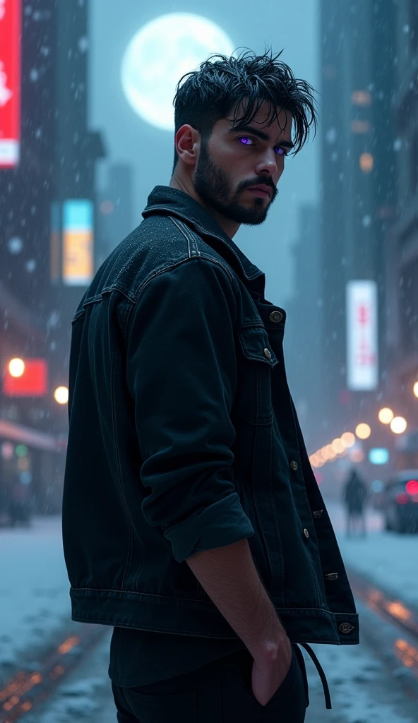 (Realistic) (Serious expression) (Pose with back to image, looking back) 1 young adult man with dark purple glowing eyes pupil, broad shoulders, messy black hair parted in the middle and short beard. Wearing an open black denim jacket, a black shirt underneath. In a futuristic city at night with heavy snowfall and blue moonlight.