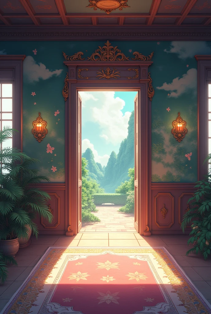 Anime styled room with a door and no people