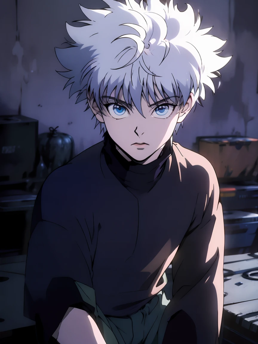 Super detailed, highest quality, best image quality, masterpiece, 8K, anime facel, (medium long shot), Killua Zoldyck from hunter x, psychopath face, Killua has spiky silver hair, very pale skin, and blue eyes, long-sleeved and dark-colored shirts, Killua wears long, baggy shorts, thunderbolt background
