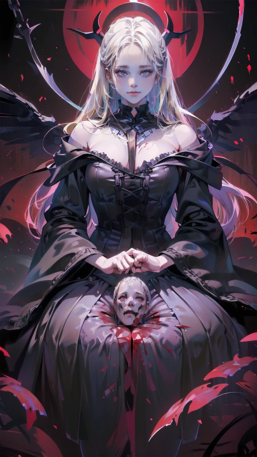 .(Highest quality,4K,High resolution,masterpiece:1.2),Very detailed,Realistic:1.37,Spooky altar background,Dark fantasy,Red color scheme,Ominous atmosphere,Eye-catching,Storytelling,anatomy,Anime Style,Concept Art,beautiful細部までこだわった顔と (((Red eyes ))),A terrifying ritual ,Satanic Ritual,Premature death,inappropriate behavior,クレイジーなsmile,Scythe Face,Girl Monster, beautiful, Delicate facial features, Sharp Eye, Sharp Fangs, pale skin, Thick chain, Dark Background, Cinema Lighting, Dramatic Shadows, Gothic style, Gloomy atmosphere, Dark fantasy, one person's, Please open your mouth wide, Open your mouth and baring your teeth,Sharp teeth like a beast, Wide lips, very wide mouth, Vermilion cheeks, ,(Blood splatter:1.4),Scary smile, smile,Angel Design, Twisted smile、Bloody、bleeding from the head,,,,,、Blood splatter、,(Blood splatter:1.4),skull,Horrorスタイル, ((Fantasy Sweet Ta Frill Pink Costume)), ((Flowing blonde hair)), ,(Blood splatter:1.4),Female curves, Sexy flat stomach, Perfect hands, Perfect anime face, (Pink Tata Dress)), Are standing, ((邪悪なsmile)), ,(Blood splatter:1.4), Steam circulates, Moonlight Illumination, night lighting, (Blood splatter:1.6),アニメAngel Design, Twisted smile、Bloody、bleeding from the head,,,,,、Blood splatter、,(Blood splatter:1.4), skull,Gothic architecture、Western architecture、Fantasy World、,Victorian cities, Skeleton Gas Light,Absurd, High resolution、 ((Tabletop)), ((Highest quality)), (Very detailedな), ((Very detailed)), (beautiful), ((cute)), (NFSW:1.8), alone,(10 years old:1.6)、(world'The most terrifying and creepy demon :1.5)beautiful face、Whole Body Ezbian、pale, beautiful肌、beautiful金の髪、Smiling Kindly、Dark building ruins、(snow white'Frill dress:1.3)、(The dark ruins are stained with blood:1.3)、Low angle full body shot、(少女は血の海の中にAre standing:1.5)、(The ground is full of blood:1.3)、(The lost a lot of blood...:1.3)、(クレイジーなsmile:1.6)、Spirits、(Blood dripping from the mouth:1.3)、Neo-goth style, Wearing a black dress and a white collar, Wearing a black hat、wearing heavy makeup, Standing in a mystical garden surrounded by vines. The garden is full of deep purple flowers.、背景のGothic architecture。. 'The hair is golden、、A red rose is pinned to the side。. Her eyes are sharp、It'Like being stabbed., Thick black eyeliner and long lashes. 彼女は顔色がpale.、Her lips are bright red.. The atmosphere is gloomy and eerie, with dim lighting casting long shadows. This piece combines digital illustration and photography..., outcome、驚くほどHigh resolutionの画像が生まれました. Most of the colors are dark、I'Calm, Deep reds and purples create a dark beauty.. The style is neo-Gothic., Horror, Portrait Photography, Create unique and compelling visual experiences.Dark Imagery