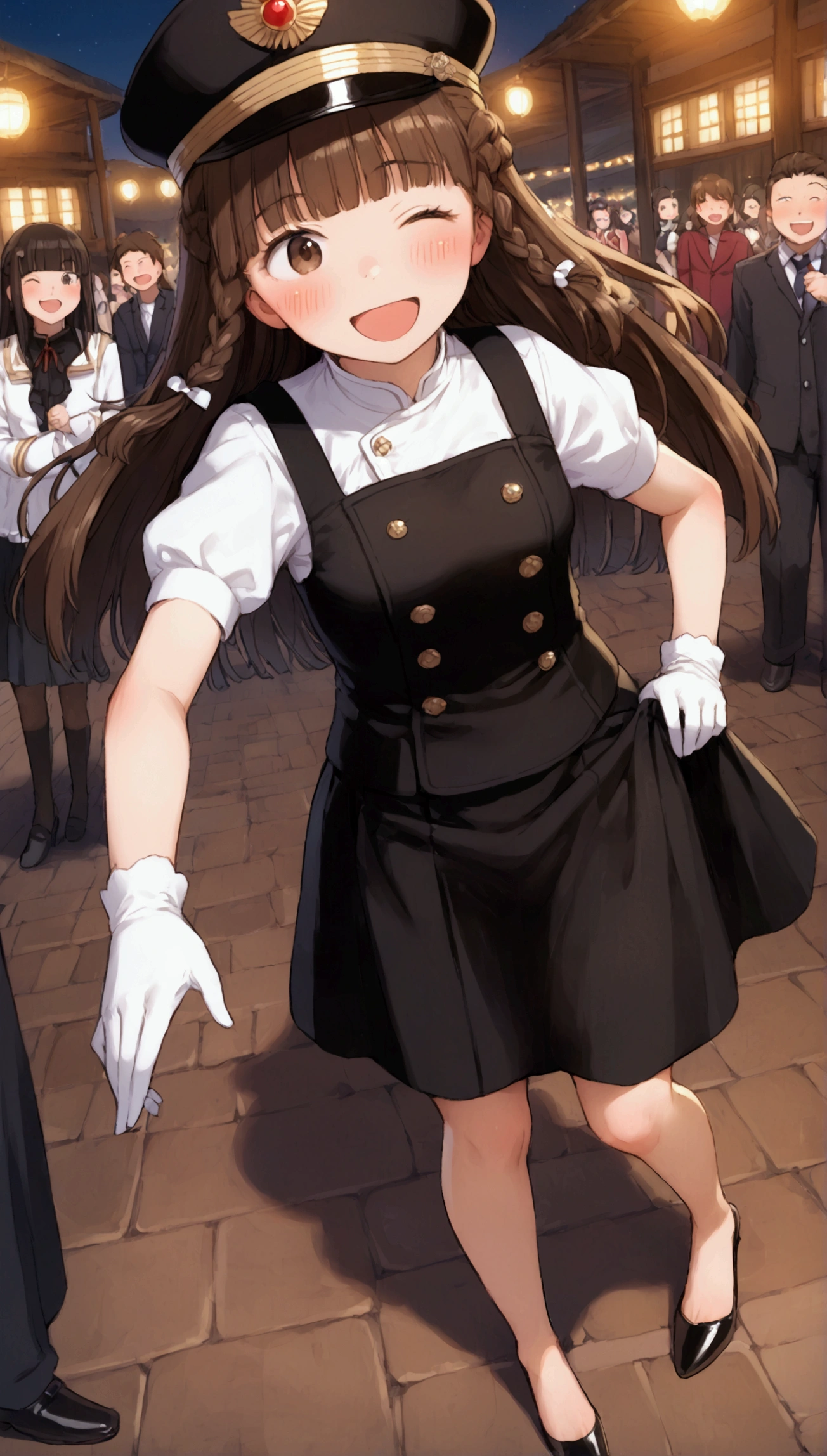 {Highest quality}, {Super beautiful},{Ultra fine},{Best illustration},Brown Hair,Hime cut,long hair,Braid,One woman,Standing Woman,Strike a pose,Adult women,smile,Excited face,Wink,Uniform cap,White Shirt,Short sleeve,long black skirt,White gloves,Night Festival,Blushing,Slender,Black high heels,barefoot,From an angle,From below,Woman with closed legs,Hold down your skirt with both hands