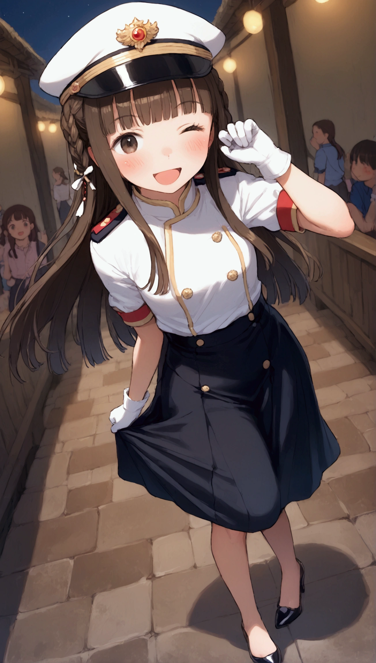 {Highest quality}, {Super beautiful},{Ultra fine},{Best illustration},Brown Hair,Hime cut,long hair,Braid,One woman,Standing Woman,Strike a pose,Adult women,smile,Excited face,Wink,Uniform cap,White Shirt,Short sleeve,long black skirt,White gloves,Night Festival,Blushing,Slender,Black high heels,barefoot,From an angle,From below,Woman with closed legs,Hold down your skirt with both hands