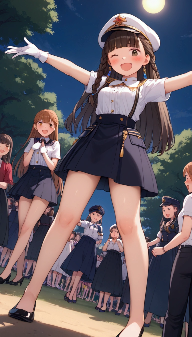 {Highest quality}, {Super beautiful},{Ultra fine},{Best illustration},Brown Hair,Hime cut,long hair,Braid,One woman,Standing Woman,Strike a pose,Adult women,smile,Excited face,Wink,Uniform cap,White Shirt,Short sleeve,long black skirt,White gloves,Night Festival,Blushing,Slender,Black high heels,barefoot,From an angle,From below,Woman with closed legs,Hold down your skirt with both hands