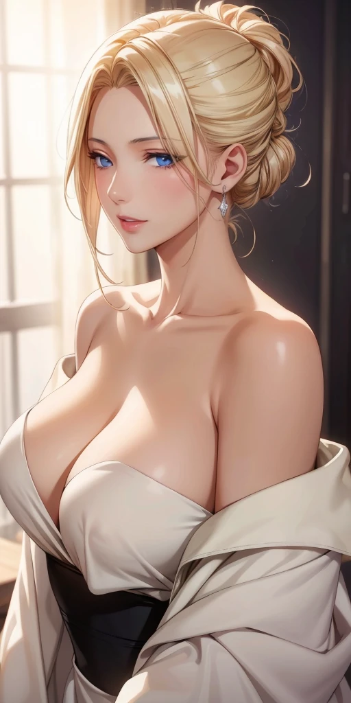 Elegant mature woman, milf, blue eyes, blonde hair, soft light, 4k resolution, high quality, beautiful cg