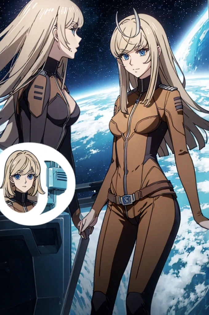 Anime style female character inspired by vintage space opera aesthetics, with elongated facial features, 165 cm tall, having blond, waist-length, wavy hair with V bangs, and blue eyes. She is wearing tight skinny jeans with high boots over them, adding an equestrian touch to her ensemble. The character's design reflects a blend of space opera elements and a realistic body proportion, highlighting her strong yet feminine presence.