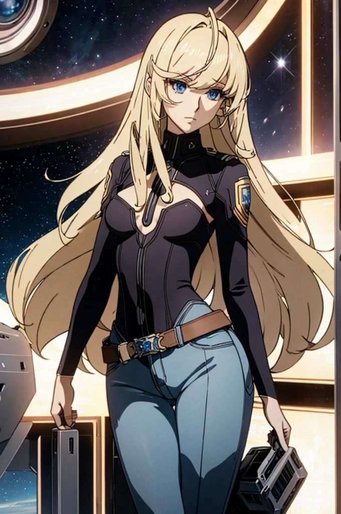 Anime style female character inspired by vintage space opera aesthetics, with elongated facial features, 165 cm tall, having blond, waist-length, wavy hair with V bangs, and blue eyes. She is wearing tight skinny jeans with high boots over them, adding an equestrian touch to her ensemble. The character's design reflects a blend of space opera elements and a realistic body proportion, highlighting her strong yet feminine presence.