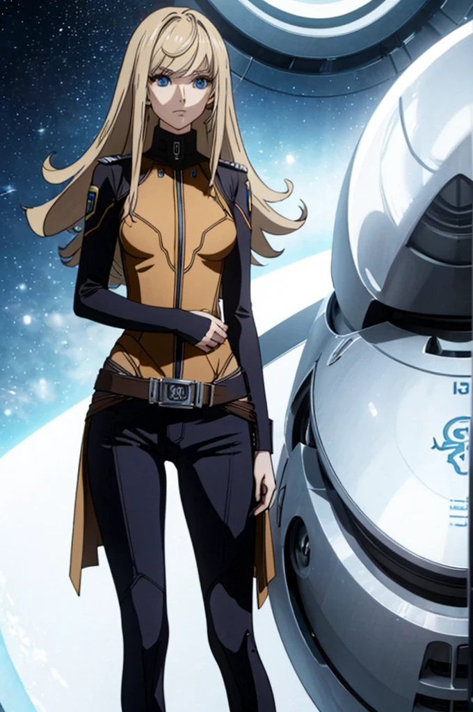 Anime style female character inspired by vintage space opera aesthetics, with elongated facial features, 165 cm tall, having blond, waist-length, wavy hair with V bangs, and blue eyes. She is wearing tight skinny jeans with high boots over them, adding an equestrian touch to her ensemble. The character's design reflects a blend of space opera elements and a realistic body proportion, highlighting her strong yet feminine presence.