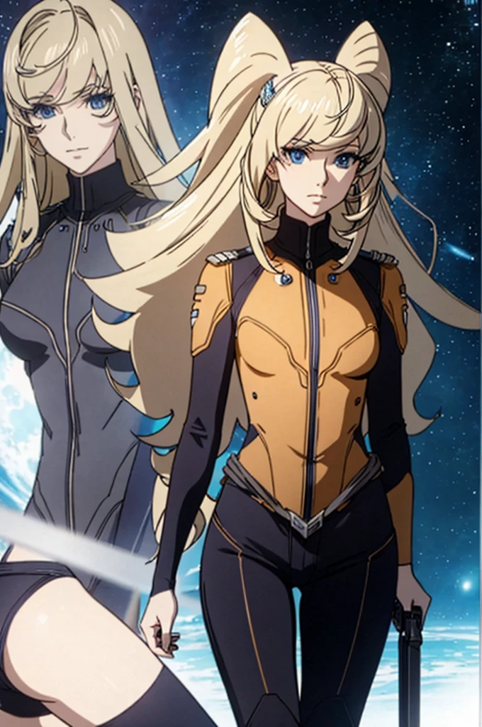 Anime style female character inspired by vintage space opera aesthetics, with elongated facial features, 165 cm tall, having blond, waist-length, wavy hair with V bangs, and blue eyes. She is wearing tight skinny jeans with high boots over them, adding an equestrian touch to her ensemble. The character's design reflects a blend of space opera elements and a realistic body proportion, highlighting her strong yet feminine presence.