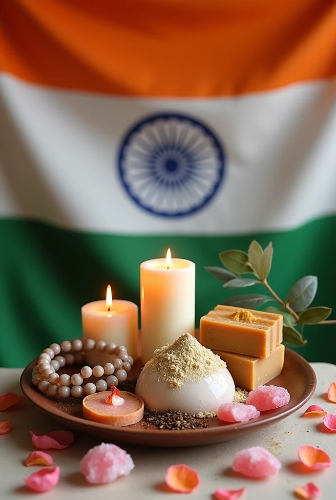 Images of candles, crystal Bracelets, soaps, herbal powders in front and Indian tricolors in background and pink salt and rose petals scattered on the floor