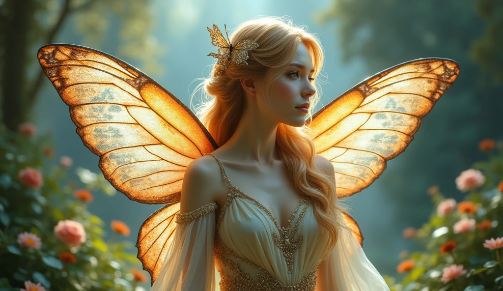 1 girl ,faerie, butterfly wings, pretty clothing,(high resolution, high détail, best qualityer), medium breasts, mythology artwork, goddess