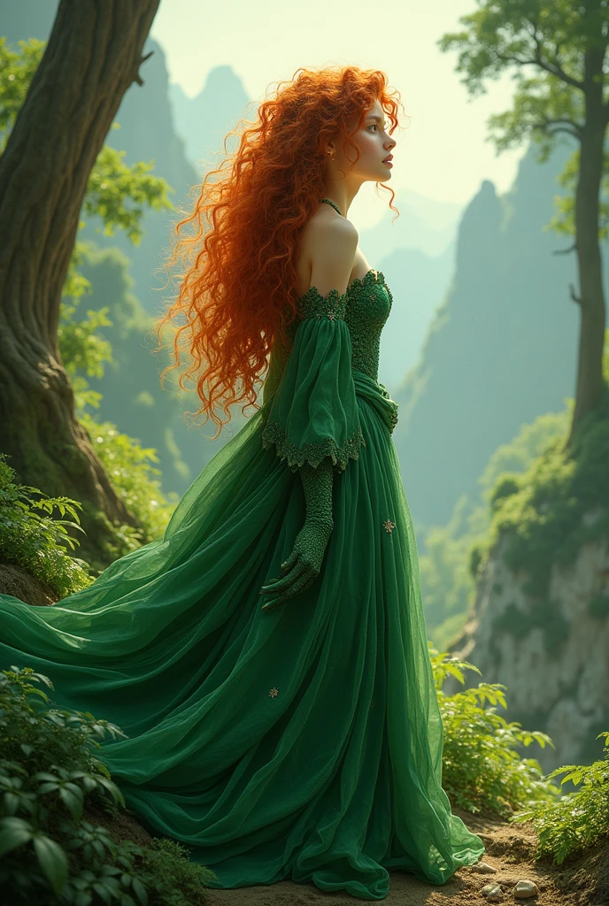 Curly redhead girl in long green dress inspired by dragons full body 