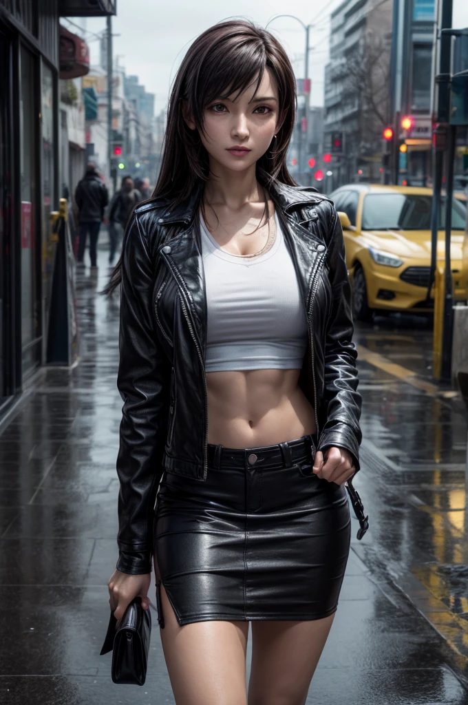 Tifa rockhart, black leather jacket:1.2, best quality, high resolution, masterpiece, high detailed, 32k, cinematic lighting, in the rain:1.2, wet floor:1.2, on the street, look at the sky, droplet on her face and skin and clothes:1.2, city light, upper body shot:1.2, depth of field:1.2, look sad:1.2, standing, wet clothes:1.2, face detailed, wet hair:1.2