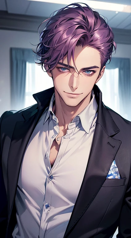 (best quality, masterpiece, 8K, photorealistic, cinematic lighting, 1:4 hdr image, ultra detailed, beautiful image), a mature man, 35 years very handsome, ((cold expression smile in love)), short  purple hair, blue eyes, face perfect without mistakes, ((buttoning his jacket, CEO)), smile.