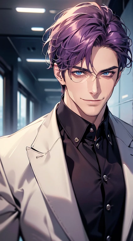(best quality, masterpiece, 8K, photorealistic, cinematic lighting, 1:4 hdr image, ultra detailed, beautiful image), a mature man, 35 years very handsome, ((cold expression smile in love)), short purple hair, blue eyes, face perfect without mistakes, ((buttoning his jacket, CEO)), smile.