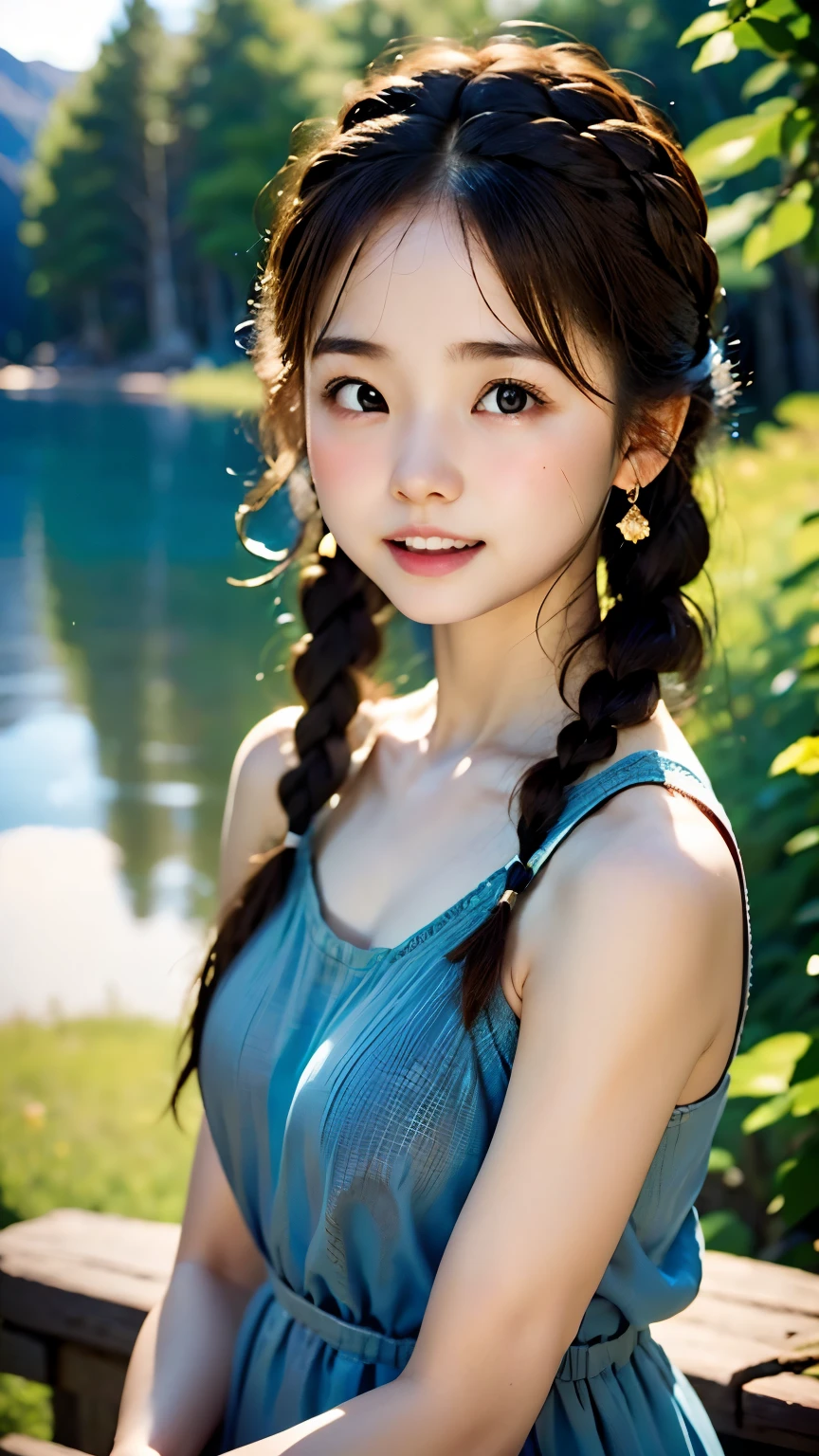 Highest quality、masterpiece、Portrait、Angle above the knee、Japan cute, 、(Brown Hair), ((French Braid)), Perfect Face, An innocent smile, Upper Body,(Grey Eyes), (small), (thin)、((small胸)), ((Only 16))、 SkiDentition, Extremely detailed, Attractive oval face, Red lips, Red cheeks, Glowing Skin, Fine hair, Face Focus, Gorgeous hair ornament, Gold earrings, Light blue camisole dress、Summer sunshine、Lake Morren, Canada、Beautiful lake、Blue sky