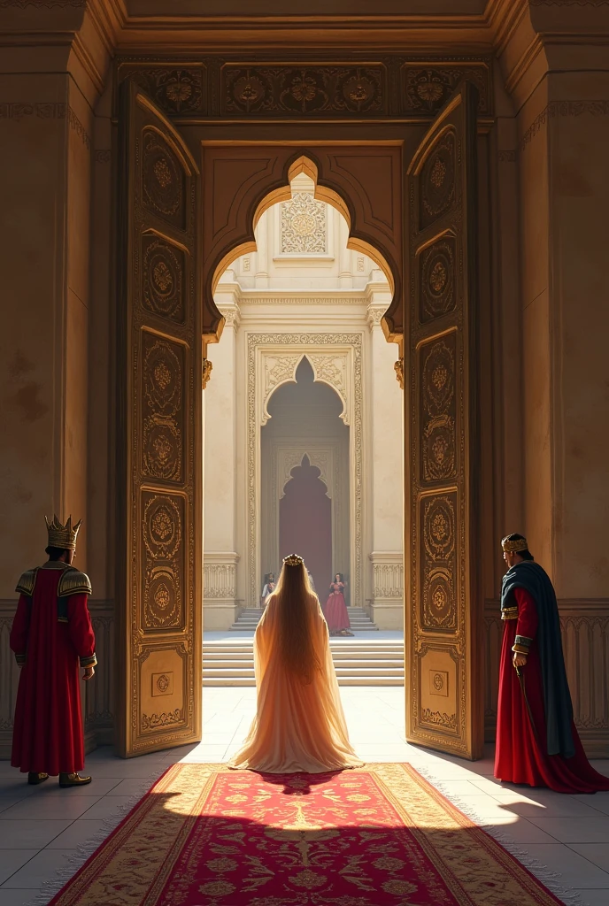 Rainha da Pérsia no pátio do palácio em frente à porta. Acrescente dois soldados, um de cada lado da porta real. Acrescente a porta com desenhos. Add a spear in the hands of the soldiers. Make the queen look like she is approaching. Add the Persian king in his throne looking surprised at her. Add a Persian rug on the floor.