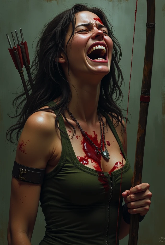 Crying in agony, lara Croft, holding an arrow, her chest is bloodied and wounded