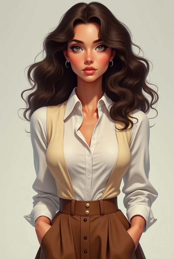 A olive skinned woman with medium-length curly hair that appears to be a dark brown shade, heart shaped face, have a triangle shape body (athletic) with 150cm height and weight 56kg wearing white blouse with cream vest on top of the blouse (tucked in skirt), brown A-Line skirt.
