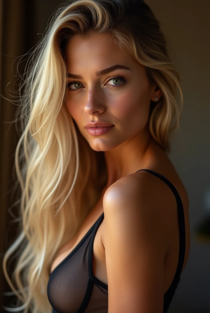 une belle fille aux longs cheveux blonds, detailed eyes, nose, and lips, jambes, sexy transparent jumpsuit, dans un studio photo, using iphone 15, (best quality,4K,8k,high resolution,head of'artwork:1.2),ultra-detailed,(realistic,photorealistic,photo-realistic:1.37),HDR,studio lighting,Highly detailed face and body, portrait,Cinematic lighting,Dramatic lighting,warm color tones,couleurs dramatiques
