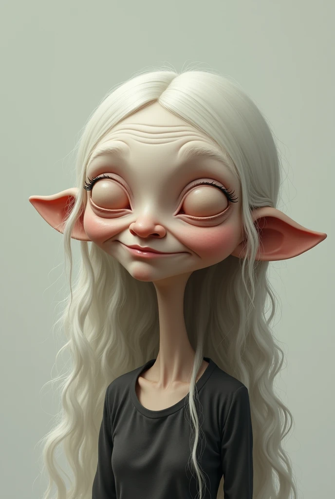 A very pale old lady with long hair and a big head with a cute closed-mouth smile