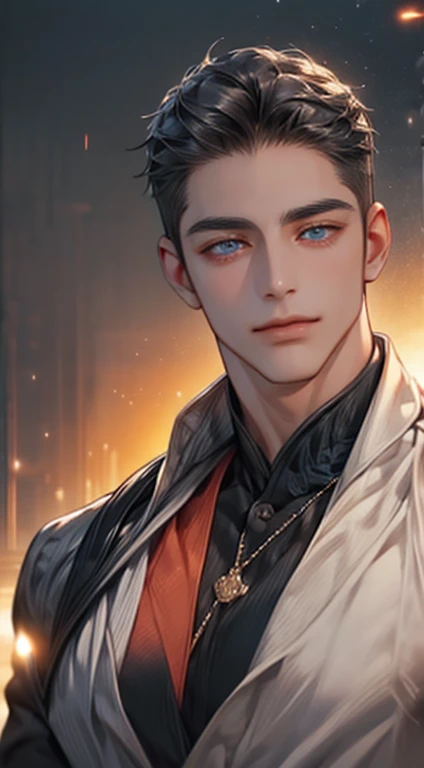 (best quality,4k,8k,highres,masterpiece:1.2),ultra-detailed,(realistic,photorealistic,photo-realistic:1.37),1 man,31 years old,mature man,very handsome,without expression,smile,short grey black hair,blue eyes,penetrating gaze,perfect face without errors,imposing posture,businessman,office background,cinematic lighting,hdr image