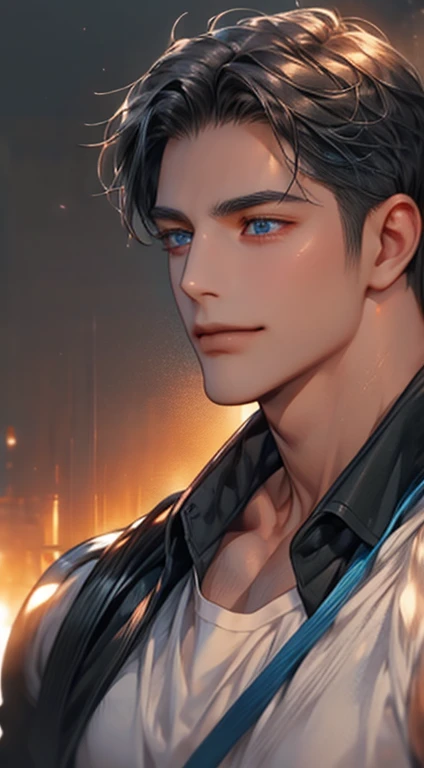 (best quality,4k,8k,highres,masterpiece:1.2),ultra-detailed,(realistic,photorealistic,photo-realistic:1.37),1 man,31 years old,mature man,very handsome,without expression,smile,short grey black hair,blue eyes,penetrating gaze,perfect face without errors,imposing posture,businessman,office background,cinematic lighting,hdr image