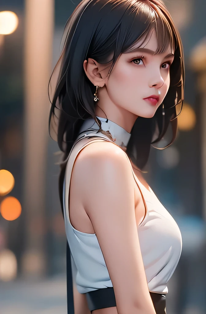 (((best quality))),1 female,slender face,(((arms behind))),(((cool beauty))),Black Hair,Brown Eyes,medium hair,straight hair,small breasts,looking at viewer,25 years old,No pubic hair,Height: 160cm,(full body),blouse,Standing in a busy street at night,mini skirt,Provocative look,bangs