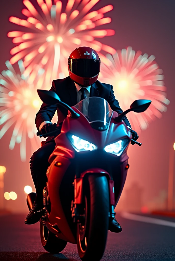 Hi Leonardo, I want you to generate an image, A teacher who is with a sports bike. The background of the image must be fireworks, The teacher must be wearing a suit and have the motorcycle mounted., wearing his helmet of the same color as the motorcycle.
The image must be like a WhatsApp profile.
The image should be a little further away, not so close.