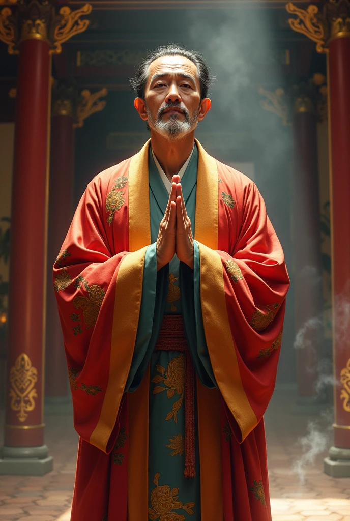 A man wearing Chinese clothing with his hands together in prayer
