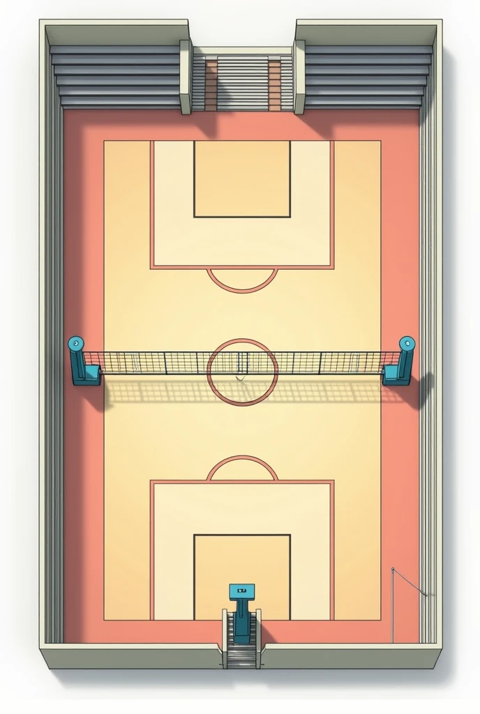 create a floor plan of a court with two goals, a volleyball net in the middle, and two gates at the lower and upper base of the rectangle, and a grandstand in front of one of the gates