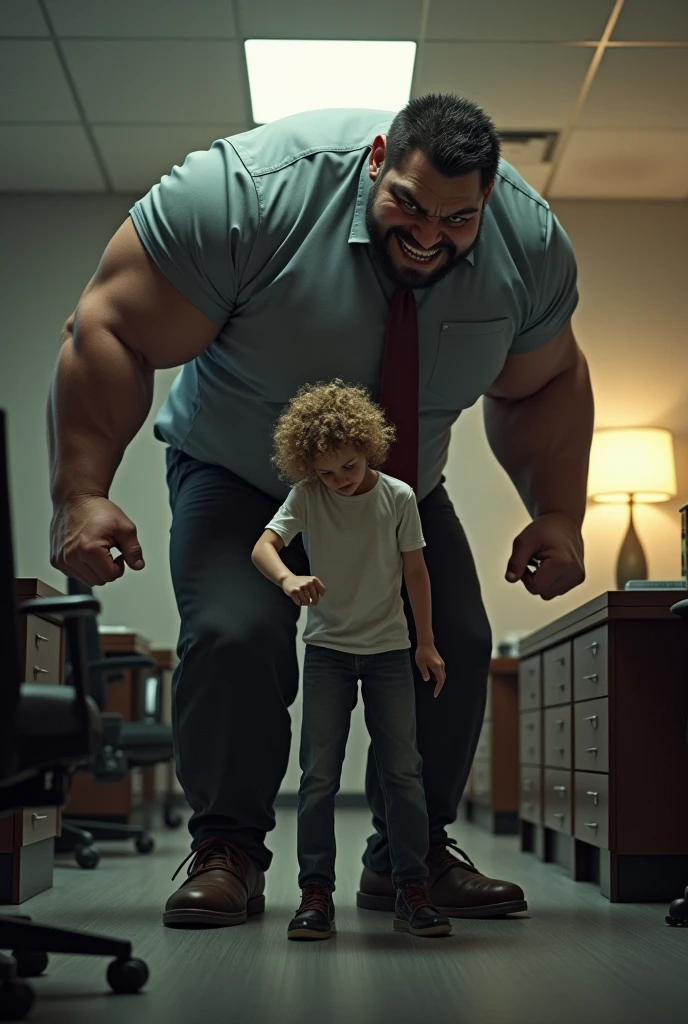 Muscular boss harassing white employee with curly hair (white people)