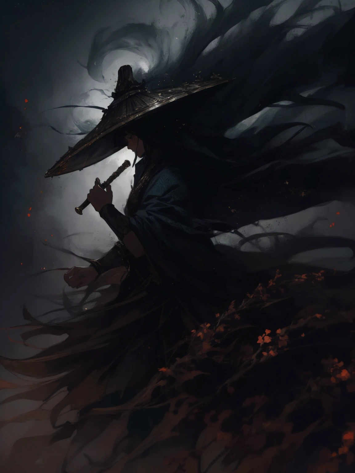 Painting, a Chinese warrior with his holding a sword, swirling cyclone, bamboo hat, super wide-angle lens, colorful arrangements, shige's visual aesthetic style, made of flowers, claire-obscure lighting, dark orange and teal, i can't believe how beautiful this is, in the style of zhang jingna, photomontage, hirohiko araki, oriental, sergio toppi, theatrical, feminine sensibilities
