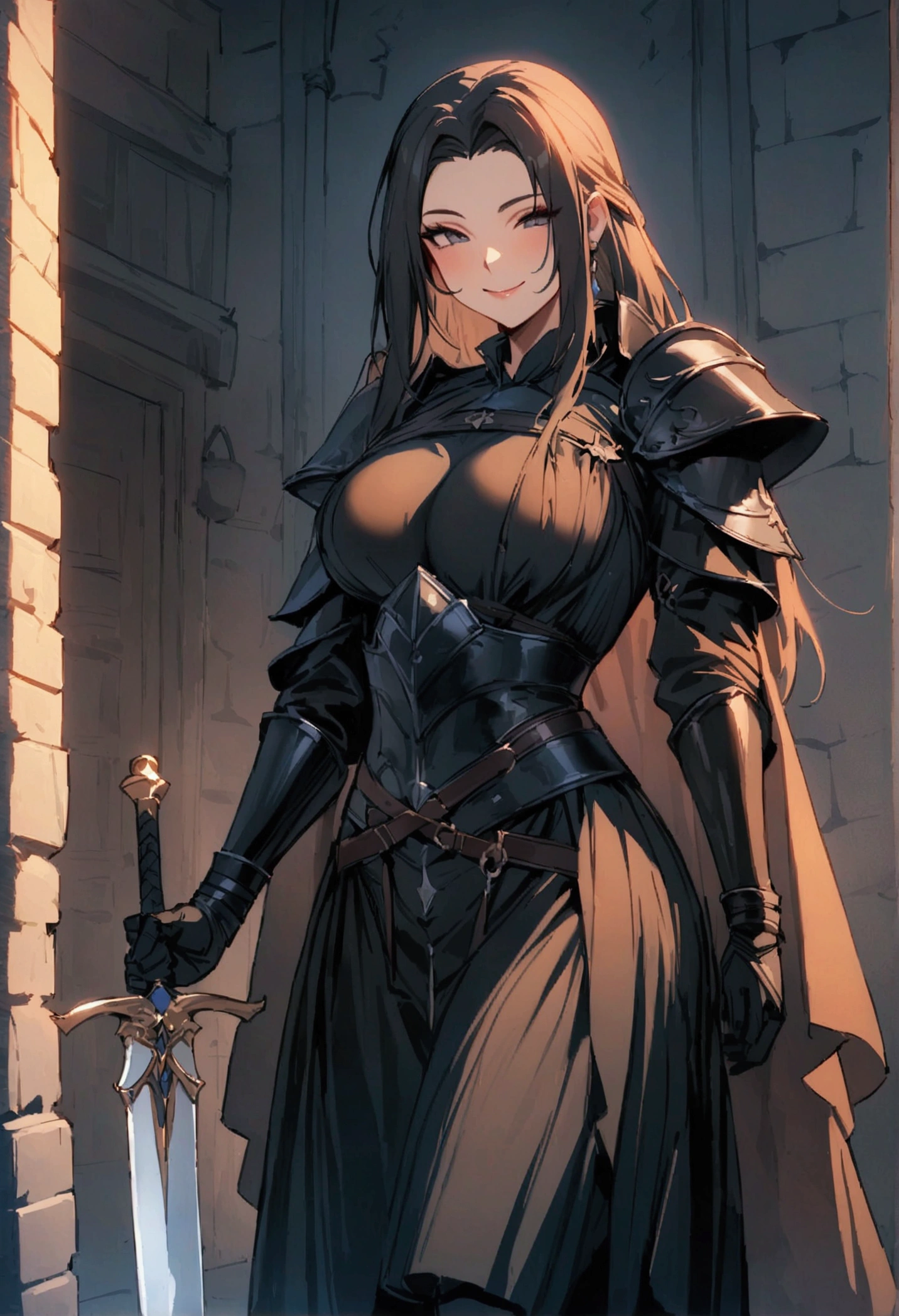 masterpiece,Highest quality,Super quality,Medieval fantasy works,A strong female swordsman in black armor,Actually a good guy,He takes off his armor and teaches me sword techniques.,smile