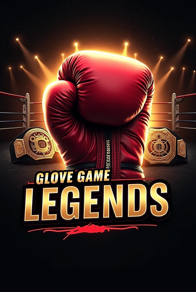 Create a dynamic and engaging profile picture for a boxing YouTube channel named 'Glove Game Legends'. The image should feature a bold, stylized depiction of a boxing glove in action, possibly with an aura or glow effect to emphasize its significance. Incorporate elements like a vintage boxing ring or championship belt subtly in the background to give a sense of heritage and competition. The color scheme should include strong, vibrant tones like red, gold, and black to convey energy and excitement. Add a modern, sleek font with the channel name 'Glove Game Legends' either integrated into the design or as a prominent overlay. The overall feel should be powerful, legendary, and visually striking to attract boxing enthusiasts.