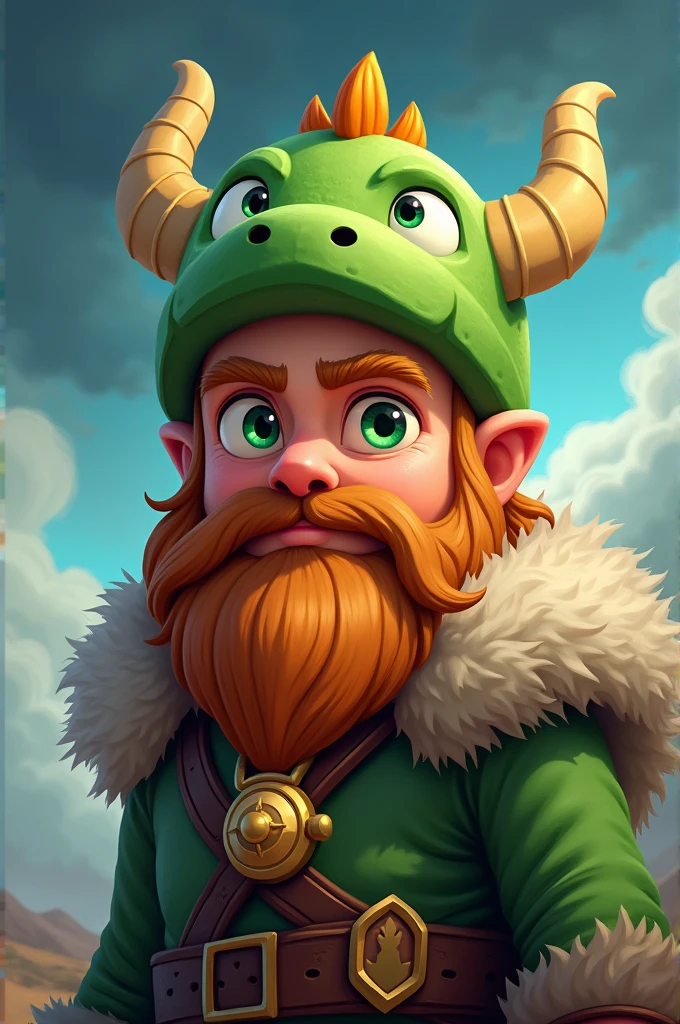 Cartoon style a cute vikings style man he has samurai style hair shaved on the sides he is wearing a cute green dragon shaped plush cap he has bright green eyes and his long beard with pendant the scene he is in is a storm