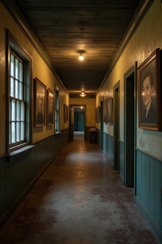 The Hallway of the House:
• Description: An old, dusty hallway with walls covered in old paintings. The paintings show portraits of people who appear to be smiling in a peculiar way.. The hallway has a slightly y air, but intriguing.
