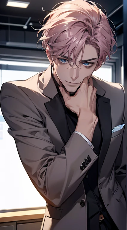 (best quality,4k,8k,highres,masterpiece:1.2),ultra-detailed,(realistic,photorealistic,photo-realistic:1.37),1 man,31 years old,mature man,very handsome,without expression,smile,short grey pink hair,blue eyes,penetrating gaze,perfect face without errors,imposing posture,businessman,office background,cinematic lighting,hdr image