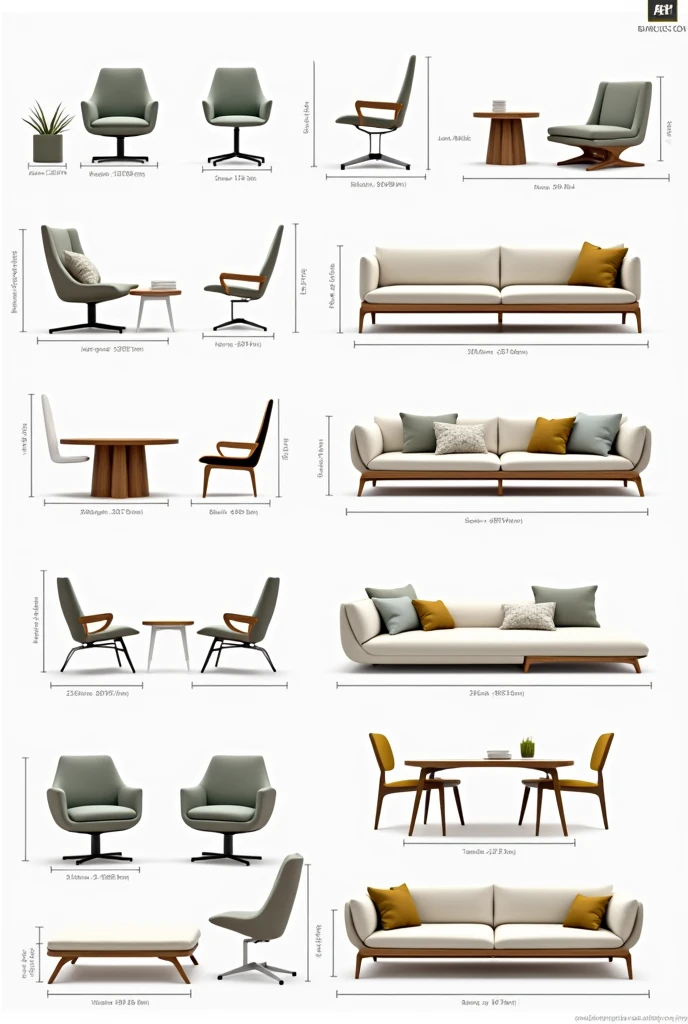 Generate images of modern urban furniture with all its standard measurements, But put all the measurements, that is, completely delimit the furniture and generate several images for me, not just one. I want many examples.