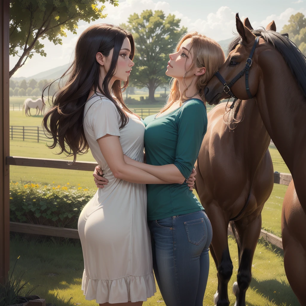 "Create a high-quality, photorealistic illustration of a heterosexual couple interacting with horses on an idyllic farm.
The man has a striking model appearance, with short, dark hair closely shaved on the sides, accentuating his features and piercing blue eyes. His physique is athletic and muscular, but not excessively exaggerated, conveying a feeling of strength and vitality. He is dressed in a casual yet well-fitting outfit, such as a simple t-shirt and jeans, which complements his rugged appearance.
The woman is a vision of breathtaking beauty, with long, flowing brown hair that cascades down her back in soft, glossy waves. Her large, expressive green eyes are framed by delicate features, giving her a captivating, almost ethereal quality. She wears a casual yet feminine ensemble, like a flowy sundress or a blouse and jeans, which highlights her slender, curvaceous figure.
The couple is situated on a picturesque farm, surrounded by well-groomed horses of impressive size and stature. Horses must be portrayed with meticulous attention to detail, from their elegant, shiny coats to the intricate musculature and bone structure visible beneath the skin.
The couple is engaged in a serene, intimate moment, perhaps gently petting the horses or leading them through a lush green pasture. Their body language and expressions should convey a sense of calm, affection and a deep connection to the natural world around them.
Lighting and composition must be carefully crafted to enhance the narrative and evoke a sense of timeless pastoral beauty. Subtle shades of green, brown and blue should predominate, creating a harmonious and engaging visual experience."