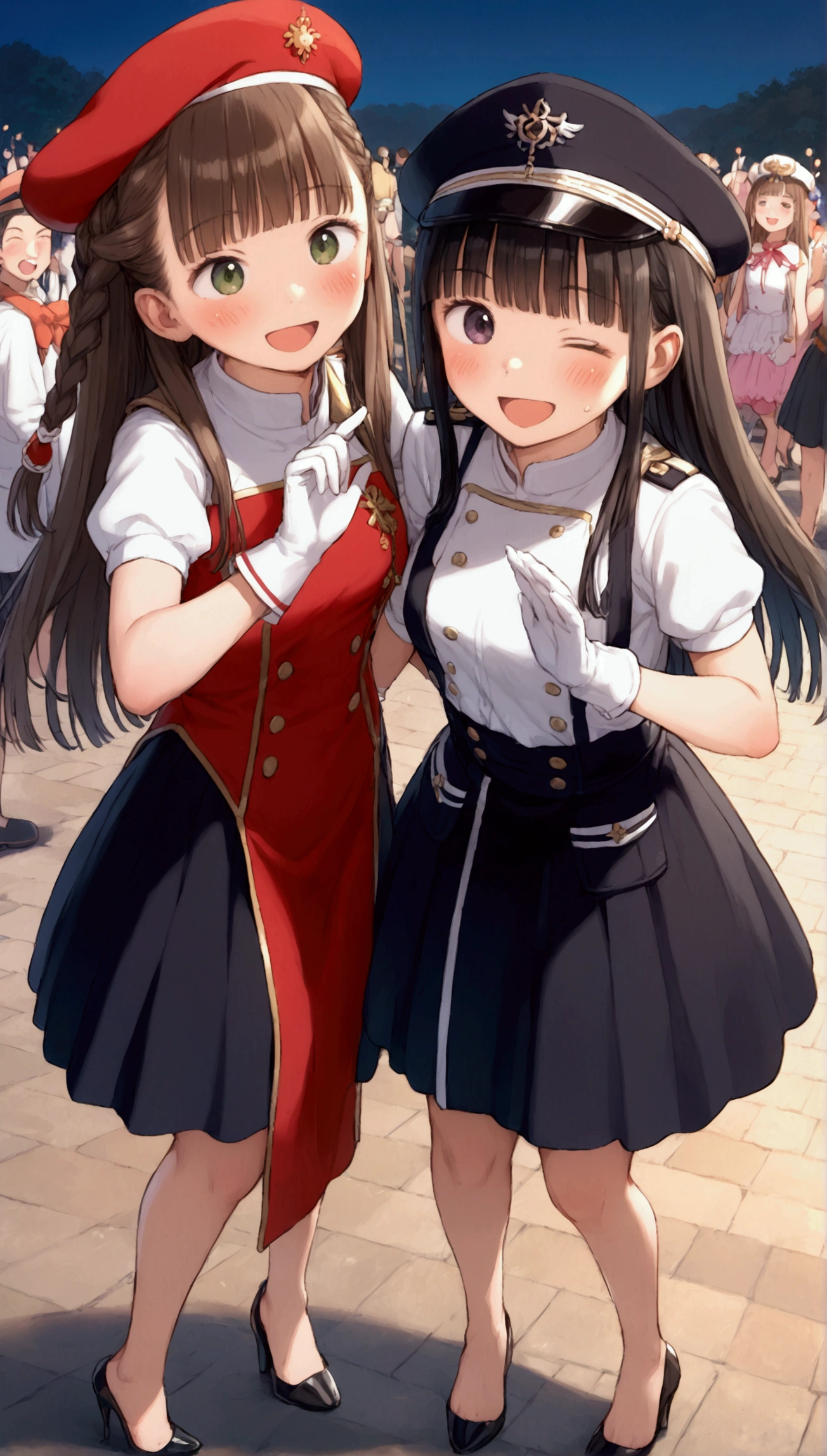 {Highest quality}, {Super beautiful},{Ultra fine},{Best illustration},Brown Hair,Hime cut,long hair,Braid,One woman,Standing Woman,Strike a pose,Adult women,smile,Excited face,Wink,Uniform cap,White Shirt,Short sleeve,long black skirt,White gloves,Night Festival,Blushing,Slender,Black high heels,barefoot,From an angle,From below,Woman with closed legs,Roll up the skirt with both hands